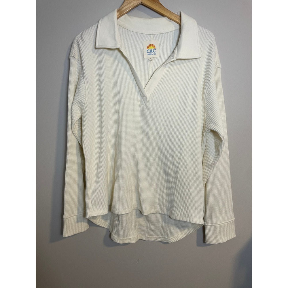 C&C California Cream Waffle Knit Thermal Polo Top Long Sleeve Large Coastal Chic